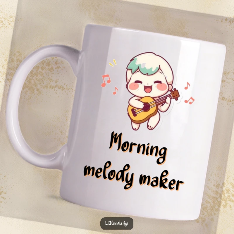 Funny mug showing a cheerful character playing a small musical instrument and creating a happy tune.
