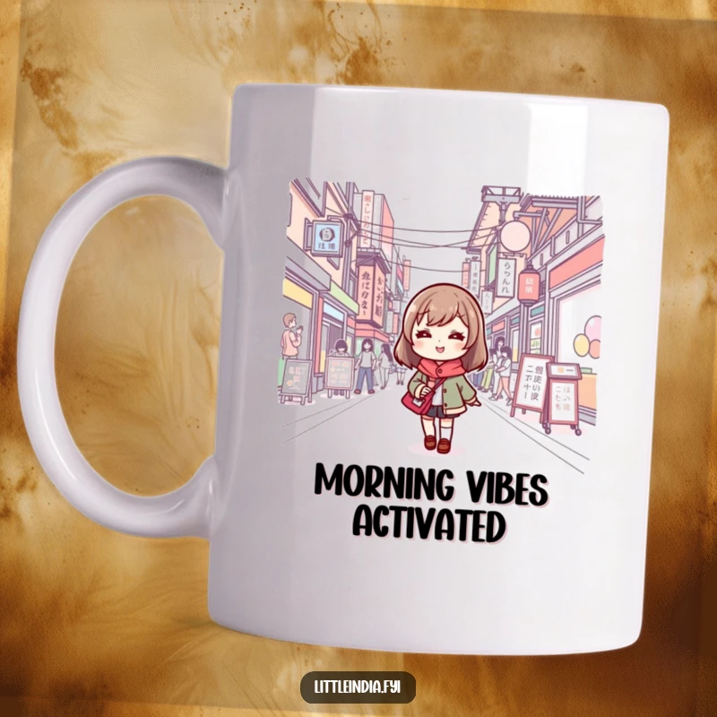 Funny mug showing a cute character smiling while walking through a busy street with a cheerful expression.