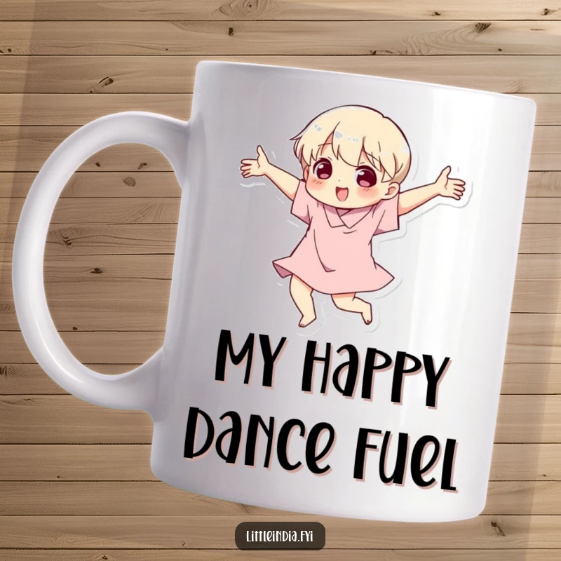 Funny mug showcasing a character joyfully dancing with exaggerated, expressive arm movements and a big smile.