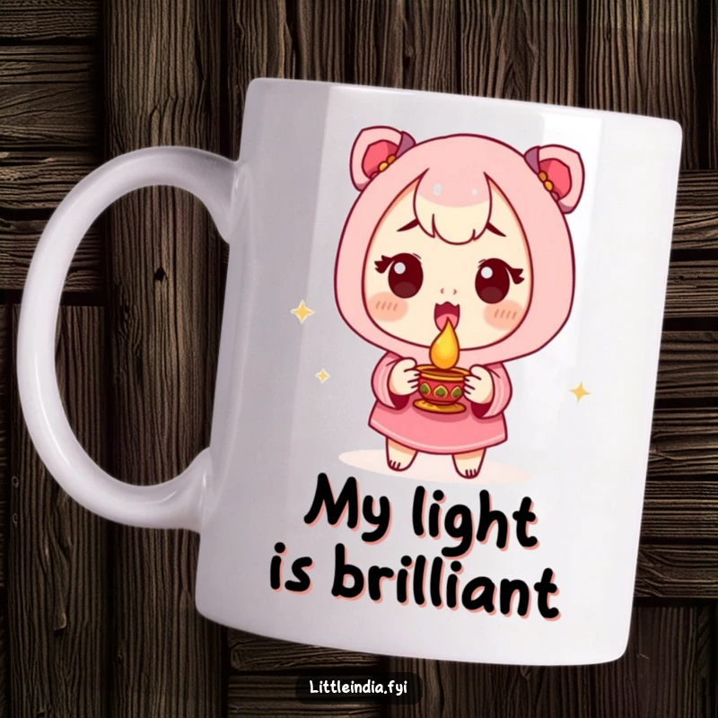 Funny Mug with a cute character showing excitement while holding a small diya lamp, radiating festive humor.