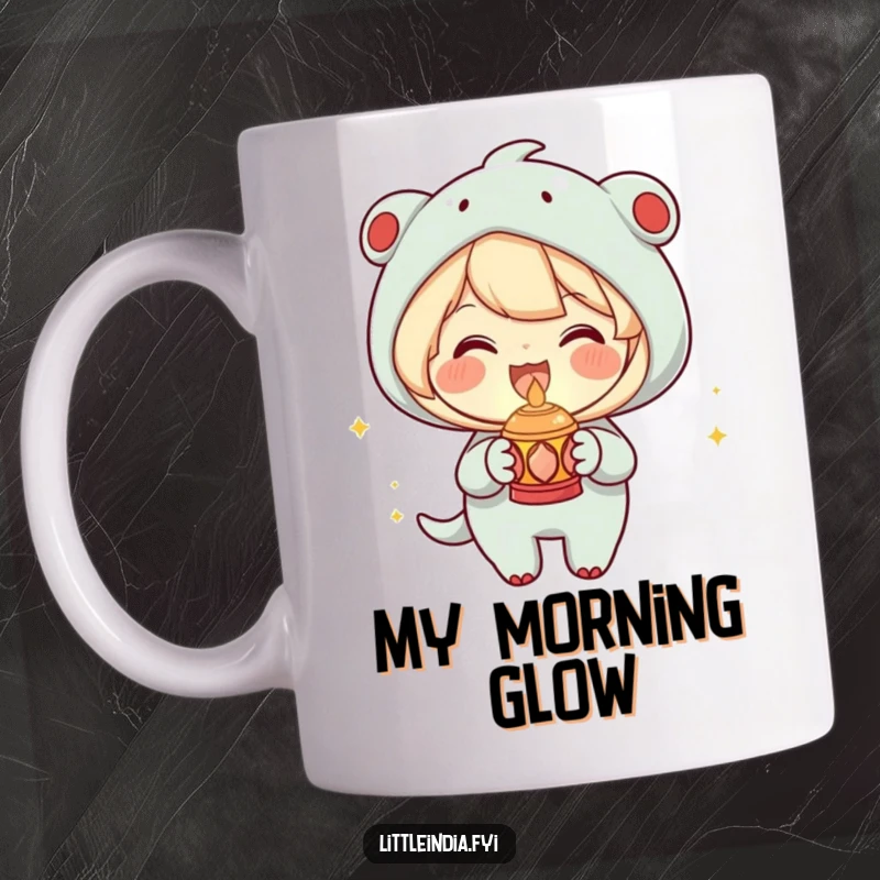 Funny Mug featuring a joyous character holding a small decorative lamp that emits a warm glow, symbolizing happiness, a perfect funny gift.
