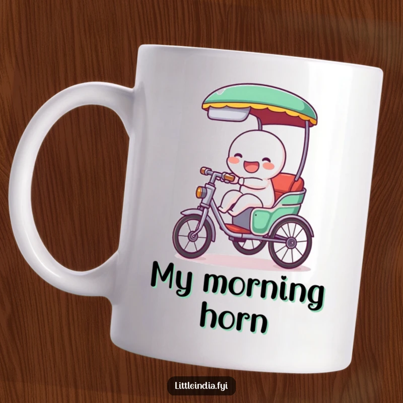 Funny mug with a giggling rickshaw character cheerfully tooting its horn, radiating playful energy and a feeling of pure, happy motion.