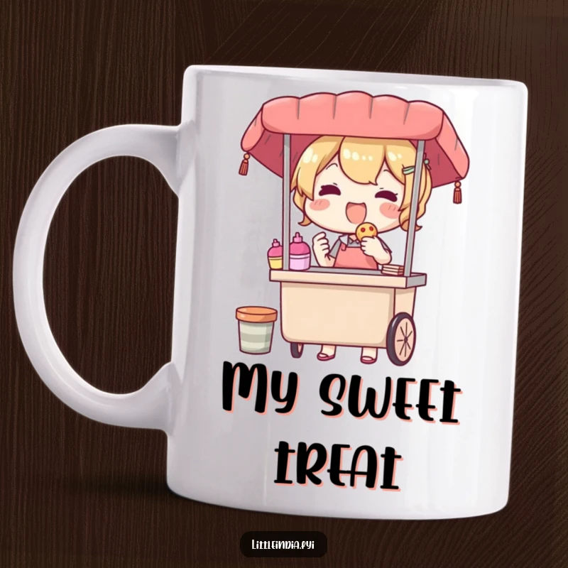 Funny mug with a delighted street vendor character offering a delicious treat, radiating warmth and a feeling of pure, happy generosity.