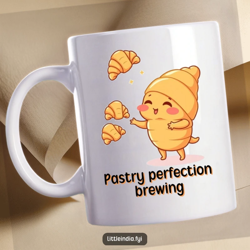 Funny blushing croissant character attempting to juggle miniature croissants, looking flustered, on a coffee mug.