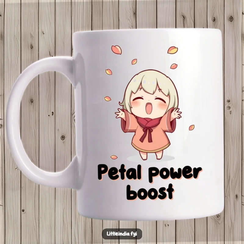 Funny Mug: Excited character joyfully tosses small petals into the air, creating a shower of happiness. Ideal for spreading cheer and a great funny gift.