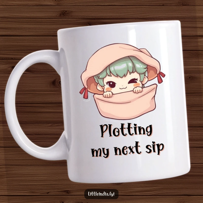 Funny Mug with a mischievous character peeking from behind a colorful market stall, exuding playful humor.