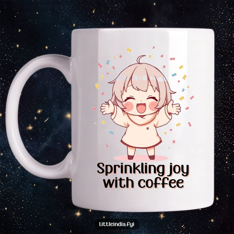 Funny mug of a character joyfully scattering colorful confetti with both hands, spreading happiness and celebration.