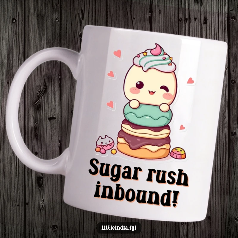 Funny Mug: A giggling character happily presenting a tall stack of colorful, sweet treats.