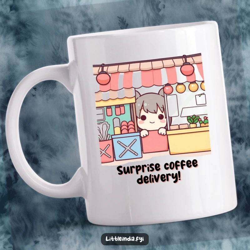 Funny mug showing a playful character peeking out from behind vibrant, colorful market stalls with a cheeky smile.