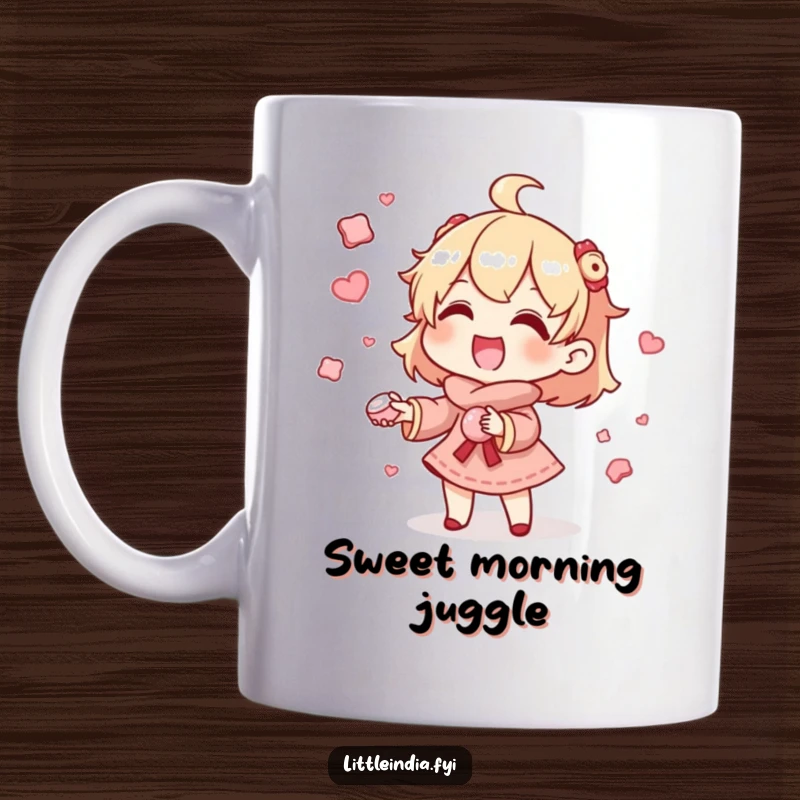 Funny Mug: Gleeful character skillfully juggles tiny, colorful fragrant sweets, showing off their delightful talent. Ideal for a sweet and funny gift.