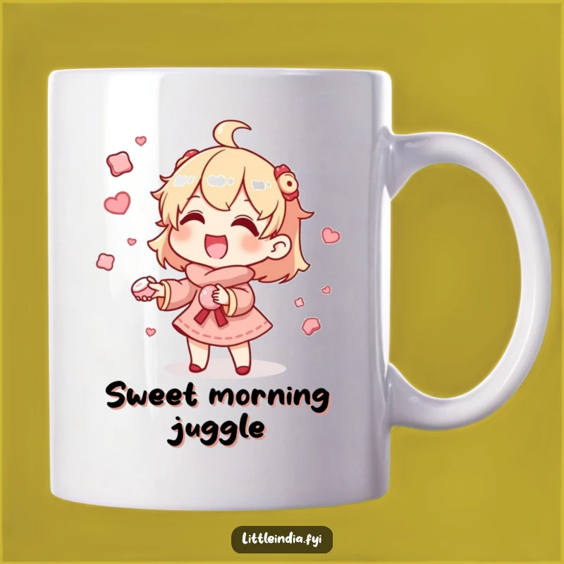Funny Juggling Sweets Mug: Gleeful Character's Treat Balance - Perfect Fun Gift