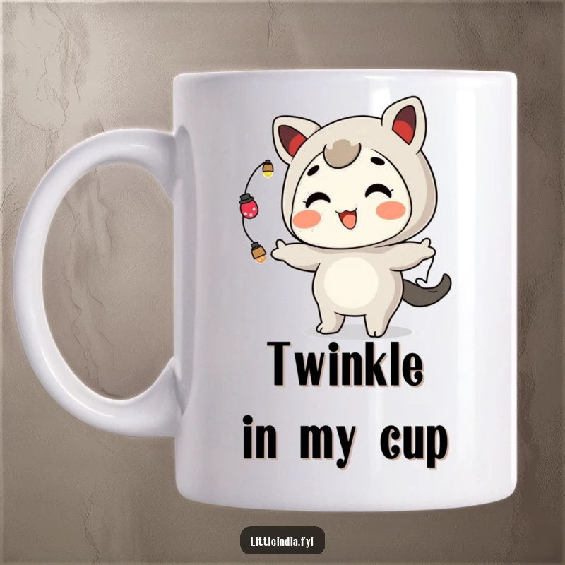 Funny Mug: A playful character with a wide grin expertly juggles glowing ornamental lights, full of festive energy.