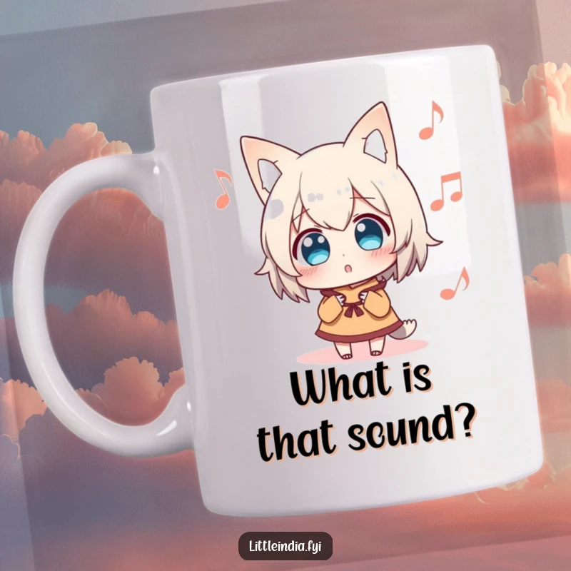 Funny Mug depicting a surprised character with wide eyes, head tilted, intently listening to unheard distant music, evoking curiosity and amusement.