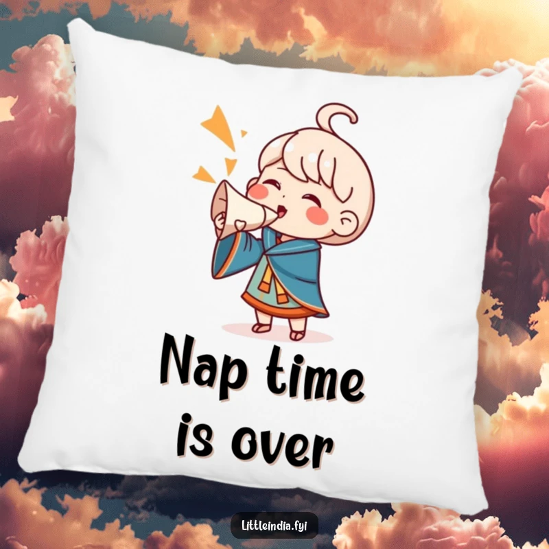 Funny Pillow: A character happily blows a conch shell, creating a visual representation of a cheerful sound and enthusiastic celebration.