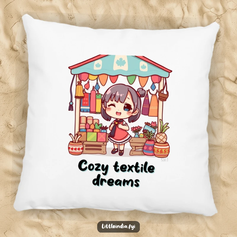 Funny pillow showing a delighted character decorating a market stall with rich, colorful textiles, adding a cozy feel.
