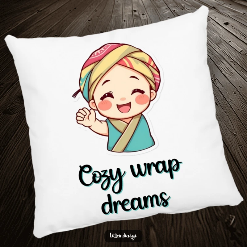 Funny pillow featuring a smiling character in a colorful headwrap, waving joyfully, providing soft comfort and cheerful, humorous decoration.