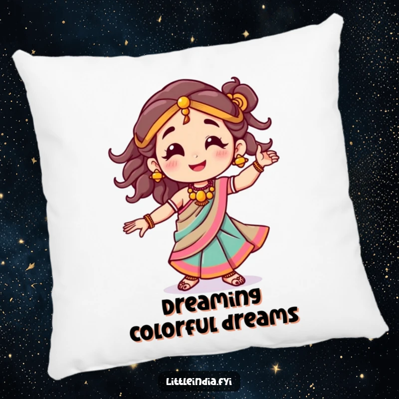 Funny pillow with a smiling character in a colorful sari, dancing joyfully, bringing soft, vibrant humor.
