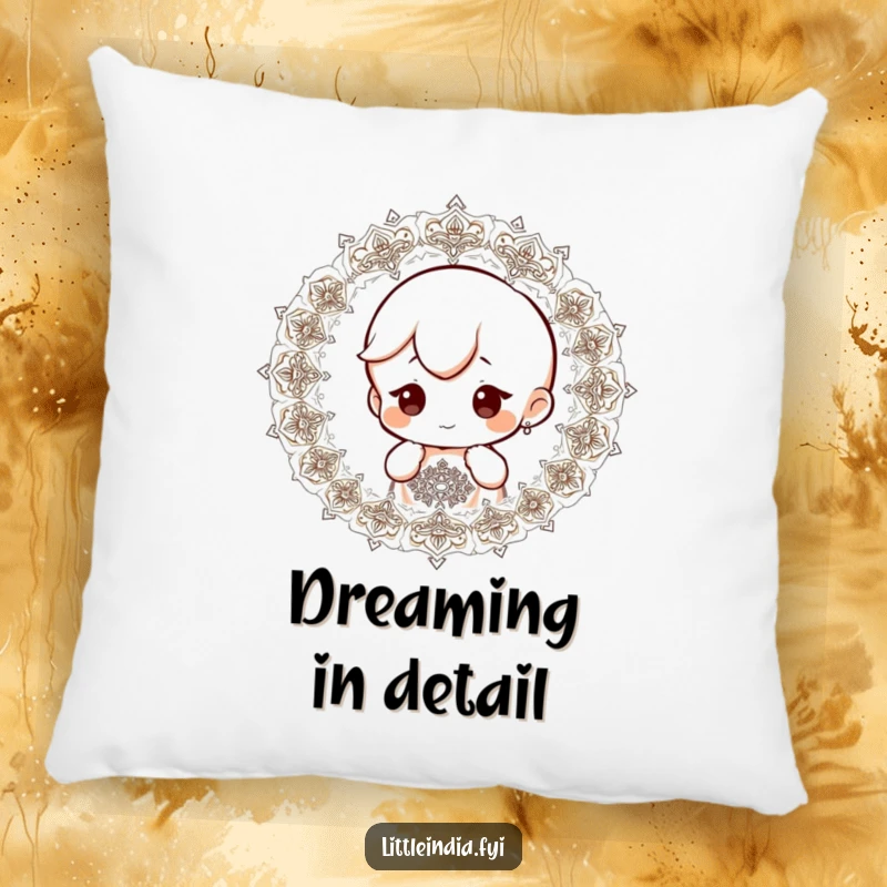 Funny pillow showing a small character with a curious expression, observing detailed and intricate patterns, perfect for cozy moments.