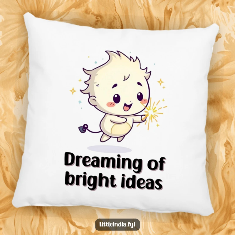 Funny decorative pillow featuring a mischievous sparkler character leaving a trail of cozy, soft happiness.