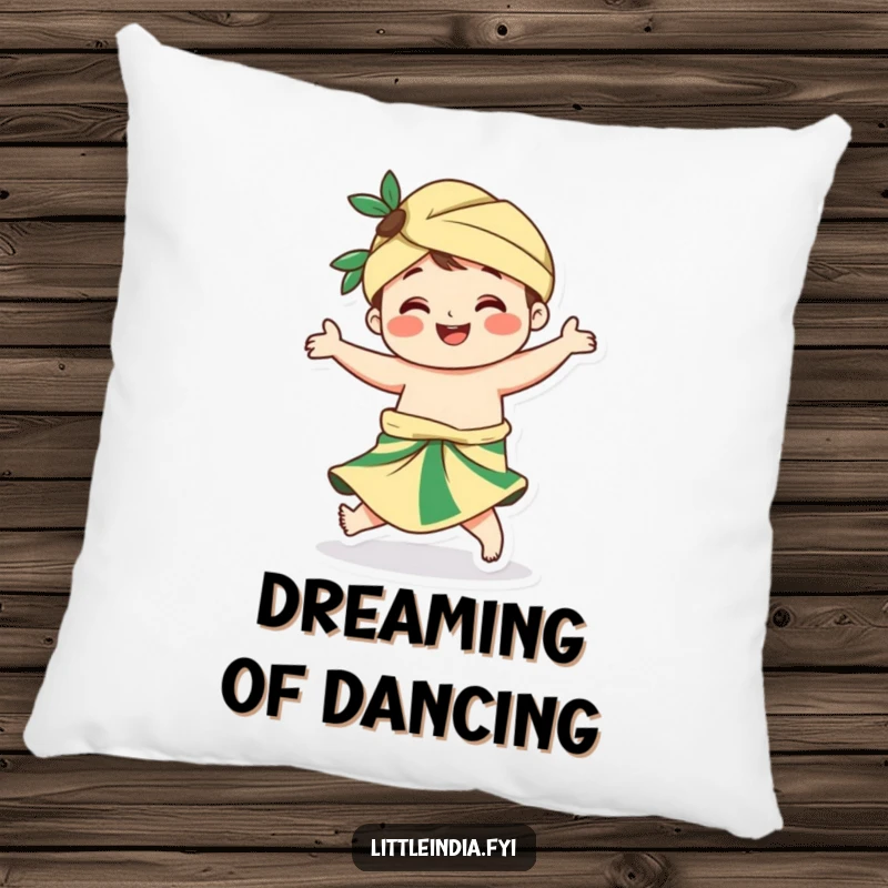 Funny decorative pillow featuring a smiling character in a sarong, caught in a graceful and happy twirl.