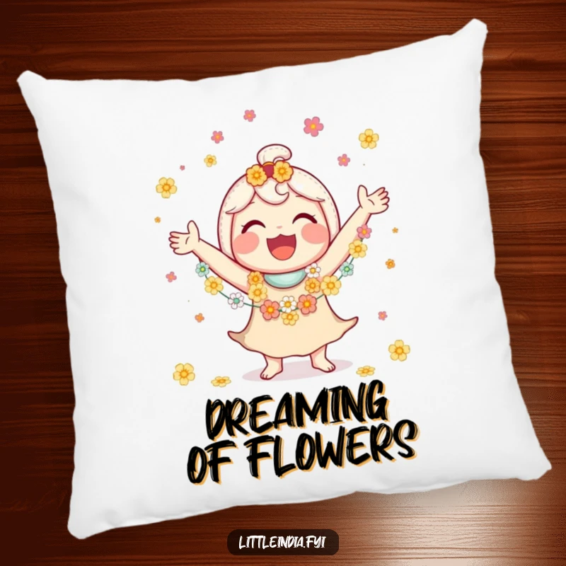Funny pillow showing a jubilant character juggling colorful flower garlands with a delightful, big smile.