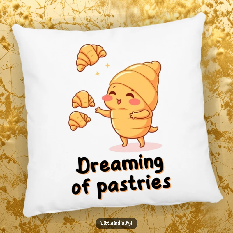 Soft, comfortable pillow with a funny blushing croissant character juggling tiny croissants, designed for smiles.