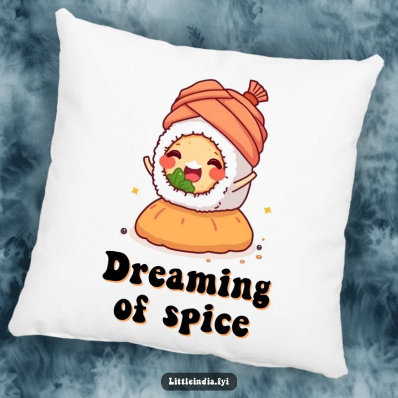 A happy sushi roll wearing a small turban is joyfully riding a mound of spices, on a decorative pillow.