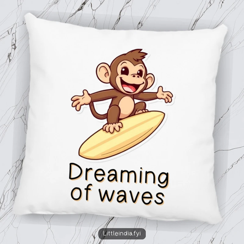 Funny pillow featuring a mischievous monkey riding a giant roti like a surfboard, a soft and humorous decor item.