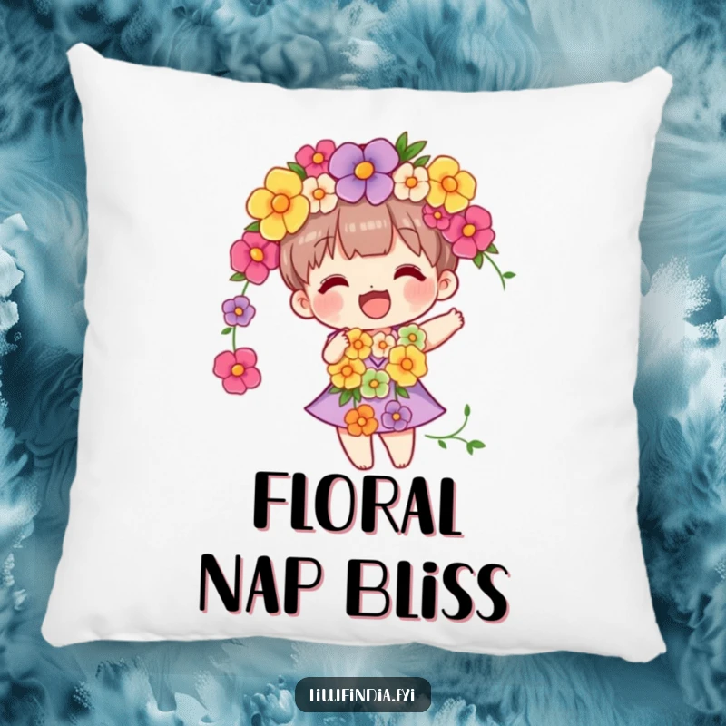 Funny decorative pillow featuring a character adorned with a flower garland, gently swaying, bringing a touch of peaceful humor.