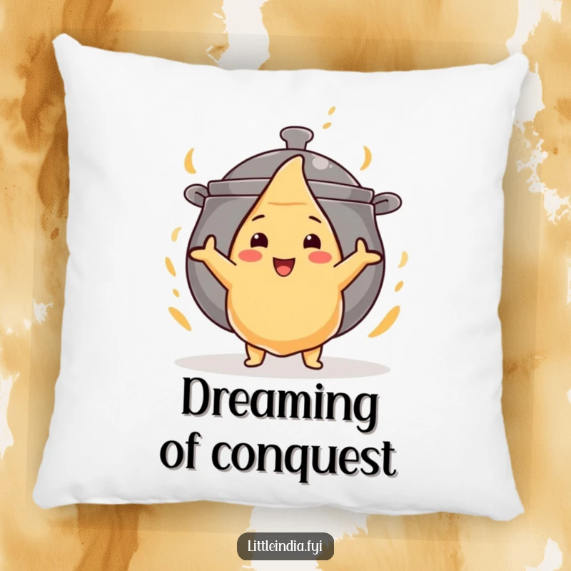 Funny pillow showcasing a courageous samosa with arms wide, ready to face a giant, steaming curry pot.