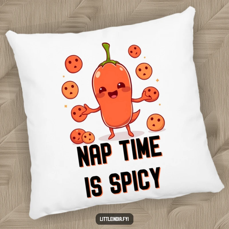 Soft, comfortable pillow with a funny chili pepper character juggling idlis, designed for relaxation and laughter.