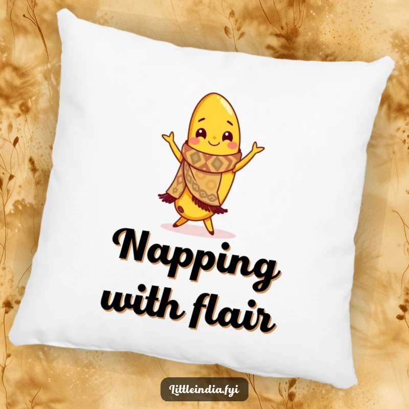 Funny pillow featuring a smiling banana in a patterned scarf, captured in a dynamic flamenco dance pose.