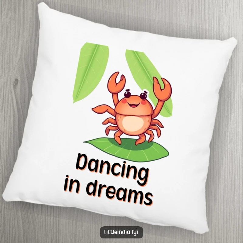 Soft, comfortable pillow with a funny crab character dancing on a banana leaf, designed for smiles and relaxation.