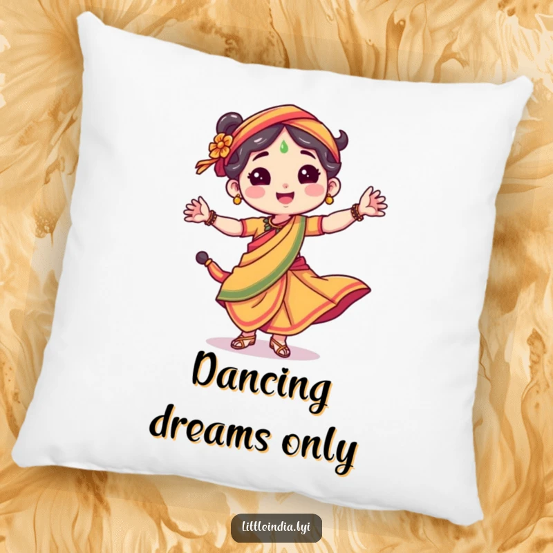 Funny pillow showing a happy character in a striking sari, dancing with boundless energy and a big smile.