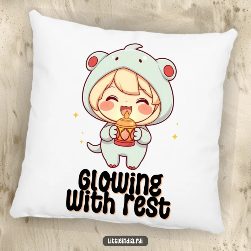 Funny Pillow featuring a joyous character holding a small decorative lamp with a warm glow, soft and comforting, a lovely funny gift.