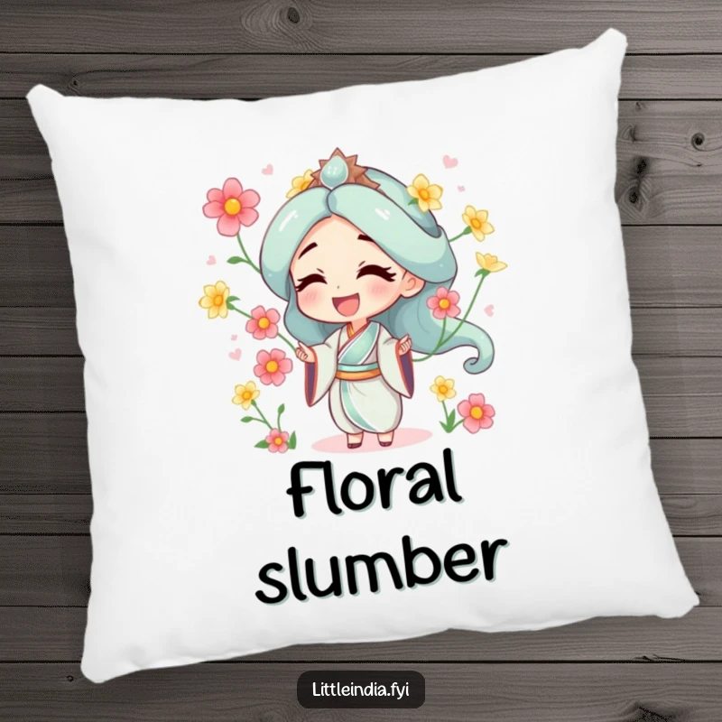 Funny pillow design with a character juggling jasmine flowers, offering comfort and a dose of floral joy.