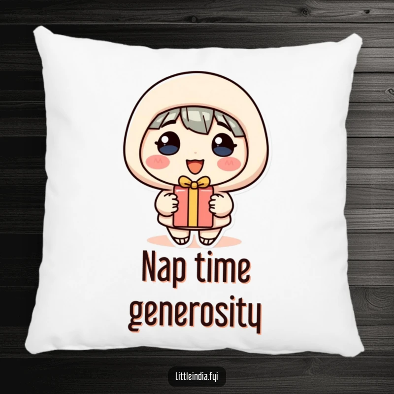 Funny Pillow: A cheerful character with a warm, generous smile presents a small gift, perfect for cuddles.