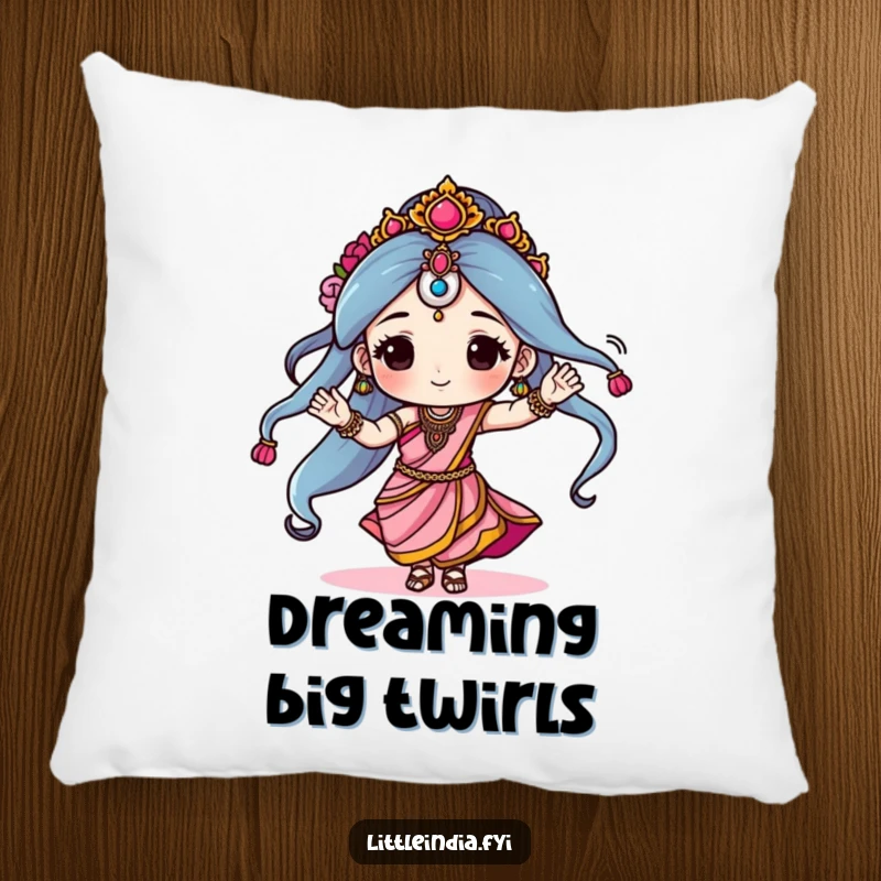 Funny pillow with a character energetically dancing in a sari, bringing comfort and a playful vibe to any seating area, a soft, humorous accent.