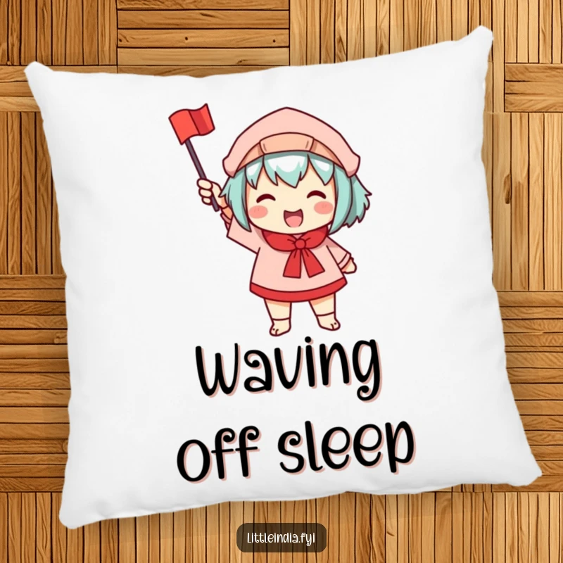 Funny pillow showing a character enthusiastically waving a small, colorful flag, adding a touch of cheer to any space.