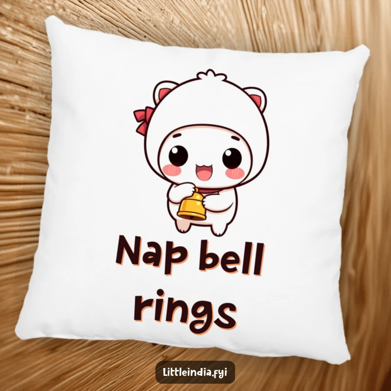 Funny throw pillow with a happy character ringing a small bell, offering comfort and a humorous, joyful touch.