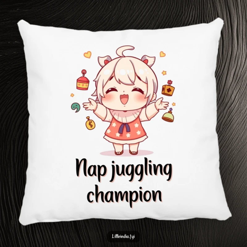 Funny pillow featuring a giggling character juggling small decorative trinkets, a soft and humorous decor piece.