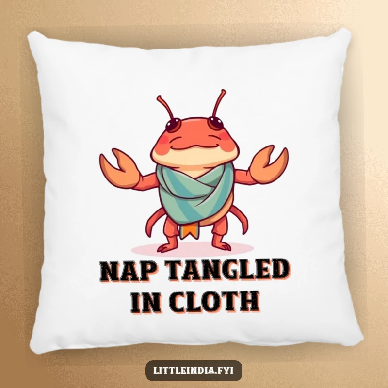 Funny Chilli Crab Pillow with a confused chilli crab trying to wear a tiny sarong.