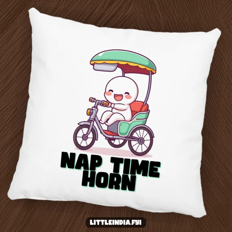 Funny pillow showcasing a giggling rickshaw character cheerfully tooting with joy, offering comforting softness and a daily dose of playful, radiating happiness.
