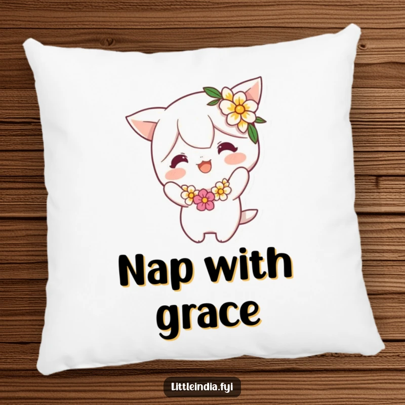 Funny Pillow: A cheerful character adorned with a flower garland executes a charming, playful bow, adding a cozy and humorous element to any room. Great funny gift.