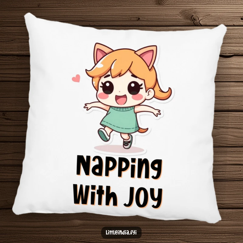 Funny Pillow: Holding a playful character performing a joyful skip, offering plush comfort and a happy, energetic feel.