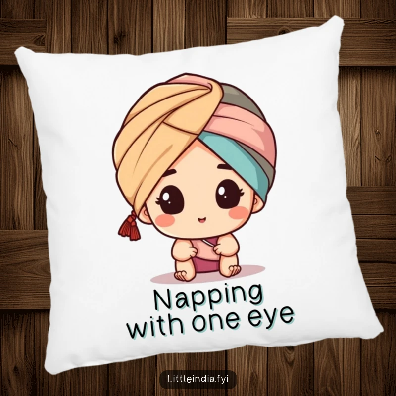 Funny pillow designed with a character peeking from a turban, offering soft comfort and a humorous, intriguing visual for any room.