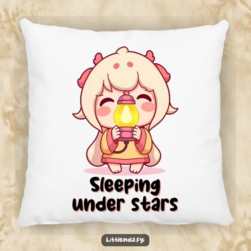 Funny Pillow designed with a delighted character holding a small, brightly colored lamp, offering comfort and a symbol of warmth and positive energy.