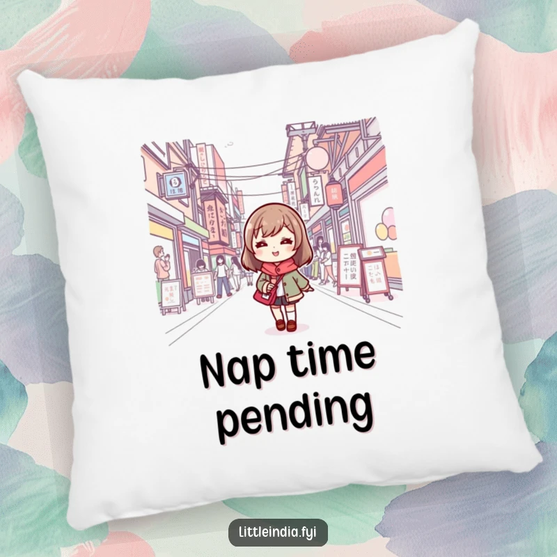 Funny pillow featuring a cute character smiling while walking down a busy street, soft and decorative accent.