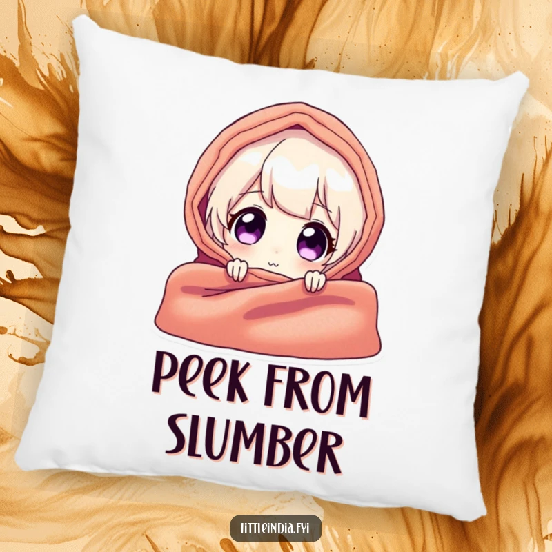Funny pillow featuring a delighted character peeking from behind a vibrant textile, providing soft comfort and humorous, mysterious decoration.