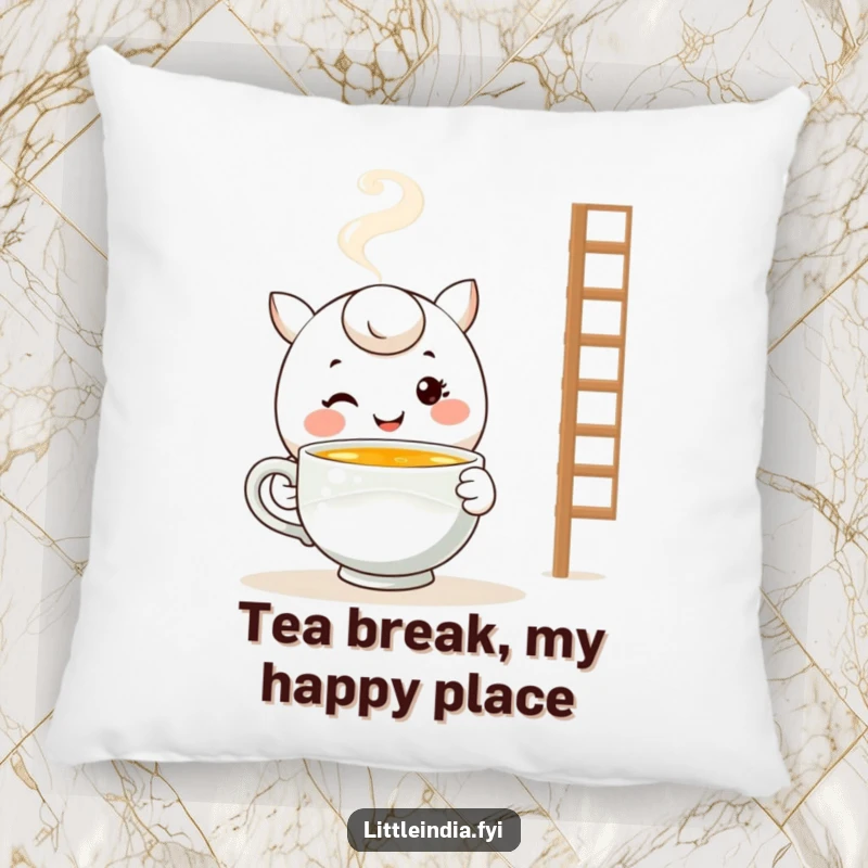 Funny Cozy Pillow: Soft cushion with a smiling character offering a warm cup of tea, perfect for comfort.